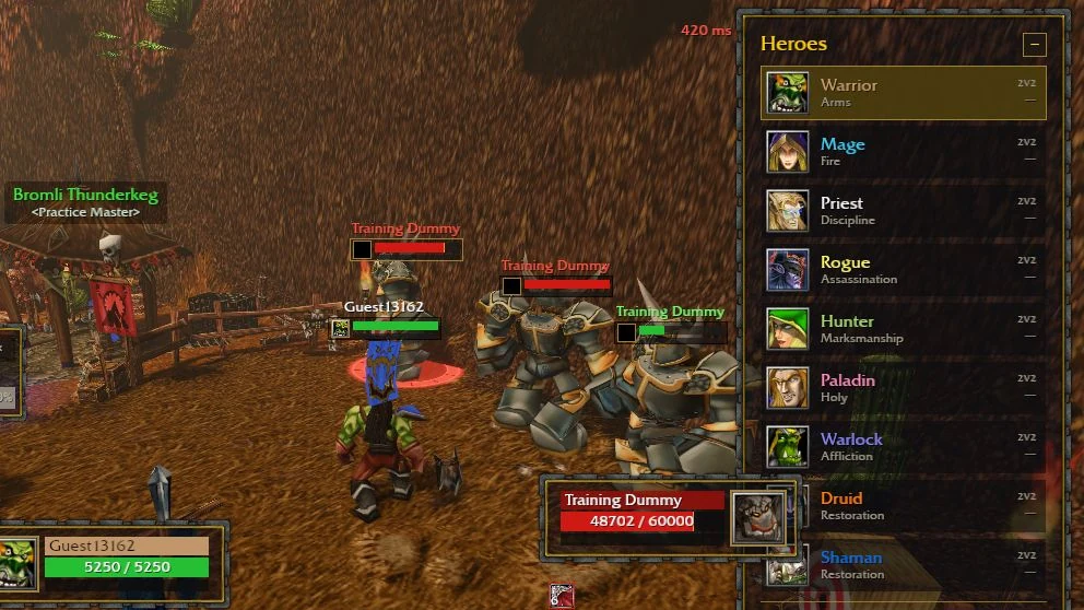 Arena of Champions gameplay screenshot showing a Warrior practising against training dummies beside the Heroes panel